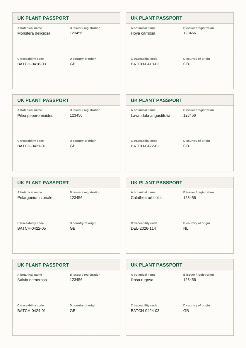 An A4 sheet printed by Plant Passport Ops with eight UK plant passport labels, using example data: Monstera deliciosa, Hoya carnosa, Pilea peperomioides and Lavandula angustifolia, registration number 123456, traceability codes such as BATCH-0418-03 and country of origin GB.